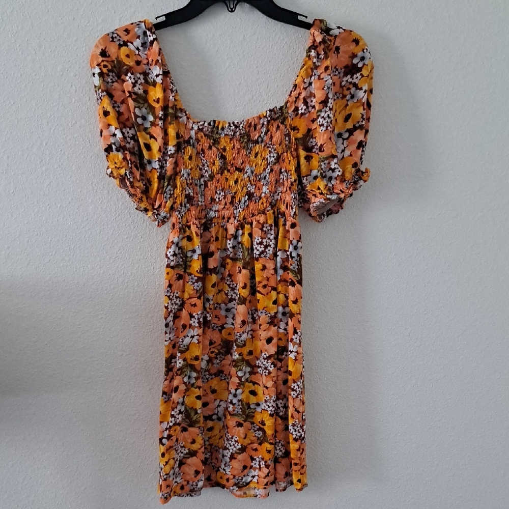 Copper Key Floral Puff Sleeve Girls Dress - Orange and Black
